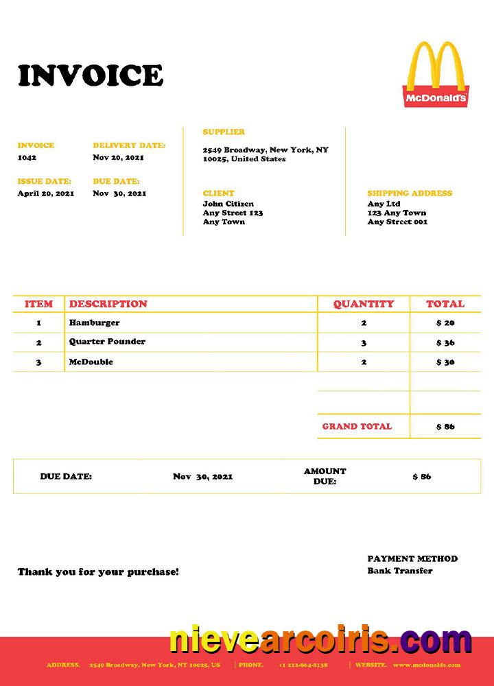 USA Mcdonald’s invoice